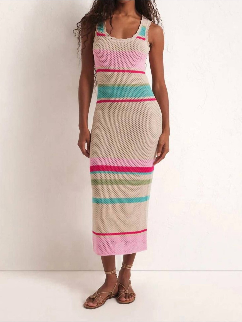 Z Supply Beige Crochet Midi Dress with Pink, Teal & Green Stripes
